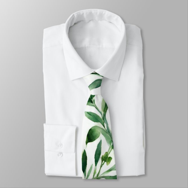 Green Watercolour Leaves Tie (Tied)