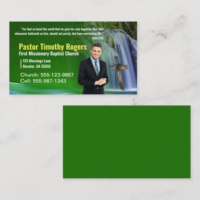 Green waterfall Pastor or Deacon Photo Church Business Card (Front/Back)