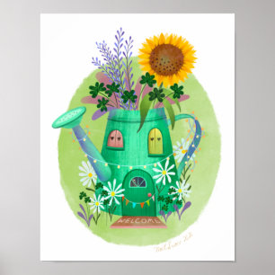 Green Watering Can Cottage Art Print