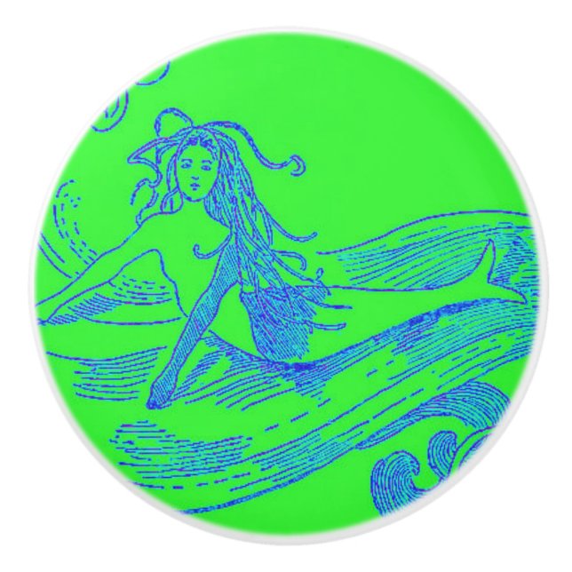 green waveriding mermaid ceramic knob (Front)