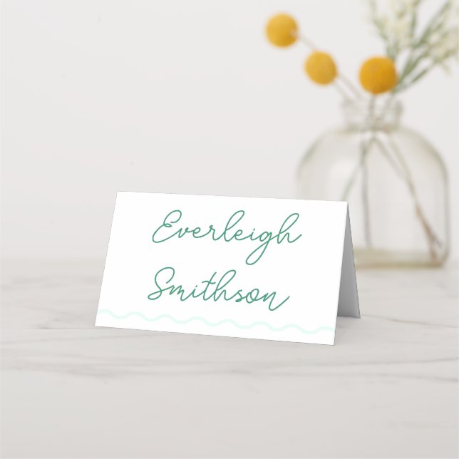 Green Wavy Retro Wedding Place Card (Front)