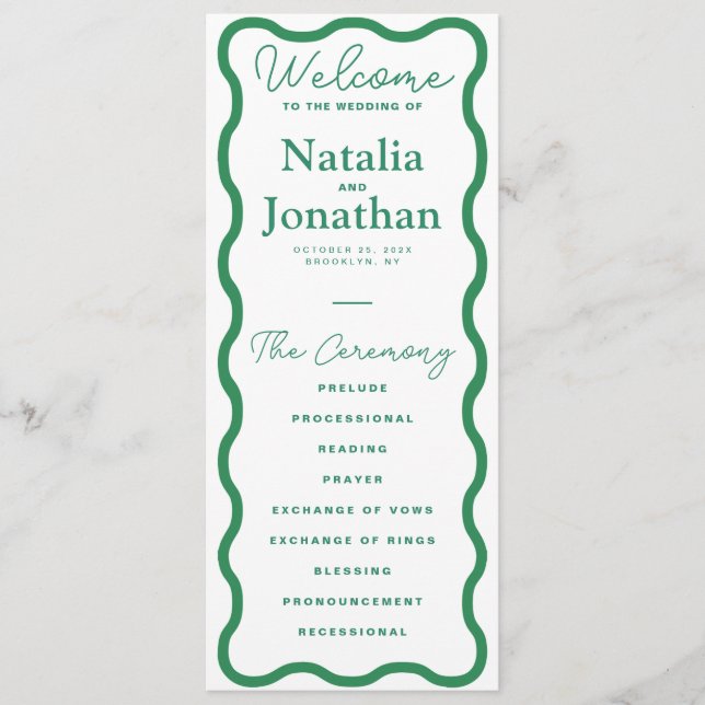 Green Wavy Retro Wedding Program (Front)