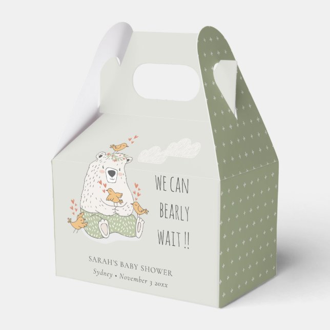 Green We Can Bearly Wait Bear Birds Baby Shower Favour Box (Front Side)