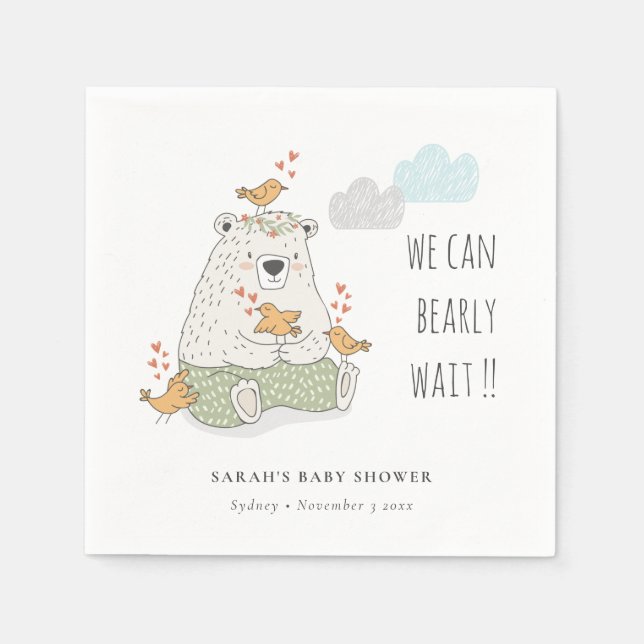 Green We Can Bearly Wait Bear Birds Baby Shower Napkin (Front)