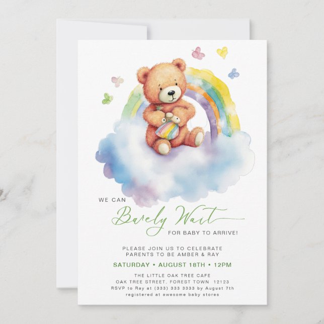 Green We Can Bearly Wait Cute Boy Baby Shower Invitation (Front)