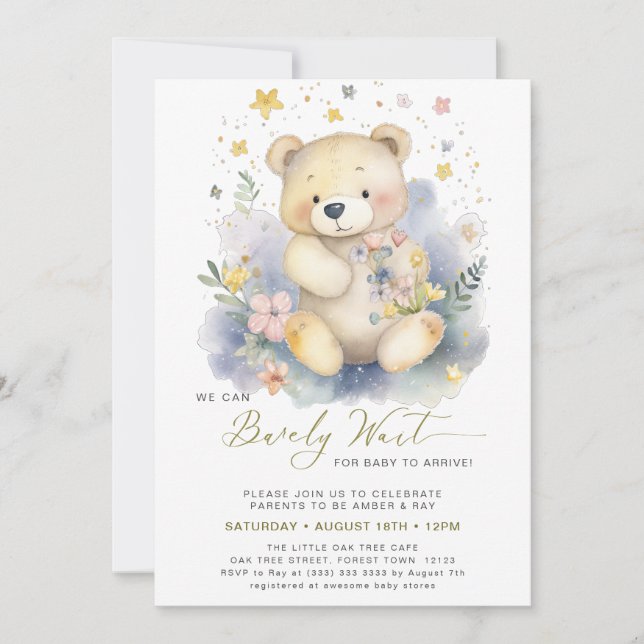 Green We Can Bearly Wait Cute Girl Baby Shower Invitation (Front)