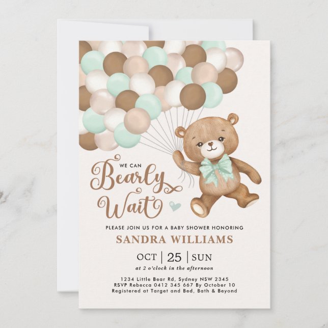 Green We Can Bearly Wait Teddy Bear Baby Shower Invitation (Front)