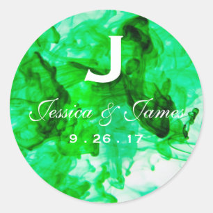 Green Wedding Monogram Classic Round Sticker