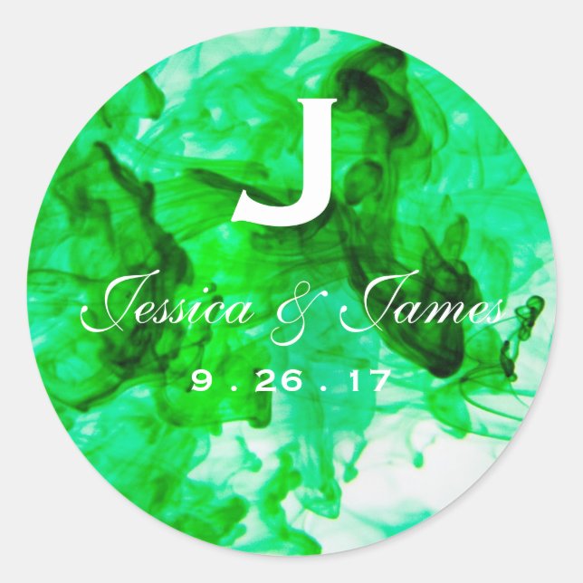 Green Wedding Monogram Classic Round Sticker (Front)