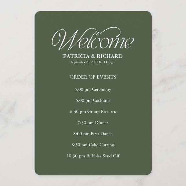 Green Wedding Order of Events Timeline Schedule Program (Front)