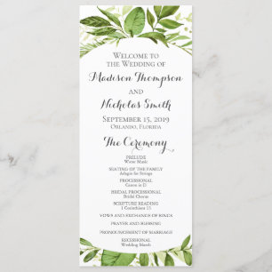Green Wedding Program Cards, Rustic Greenery