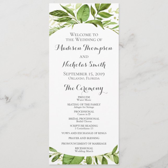 Green Wedding Program Cards, Rustic Greenery (Front)
