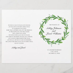 Green wedding program folded. Watercolor botanical