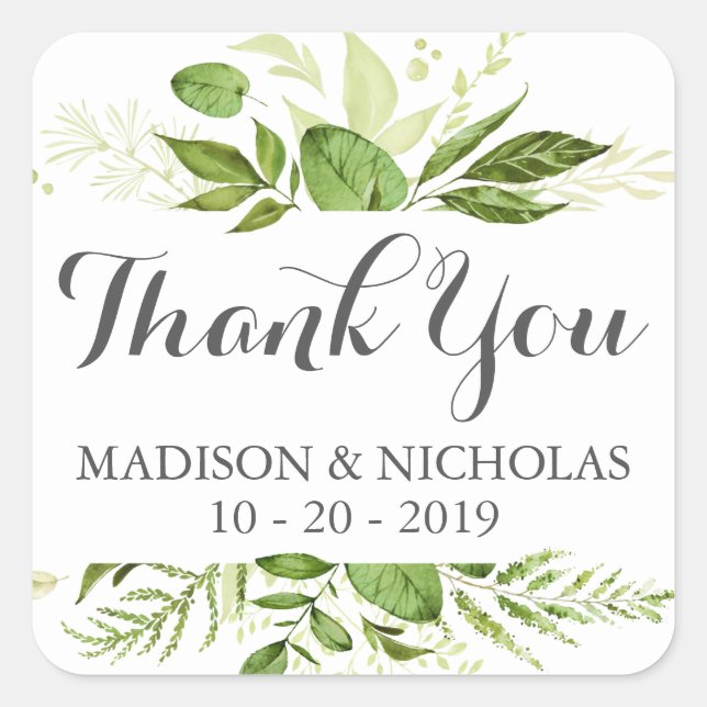 Green Wedding Square Stickers, Rustic Greenery Sticker (Front)