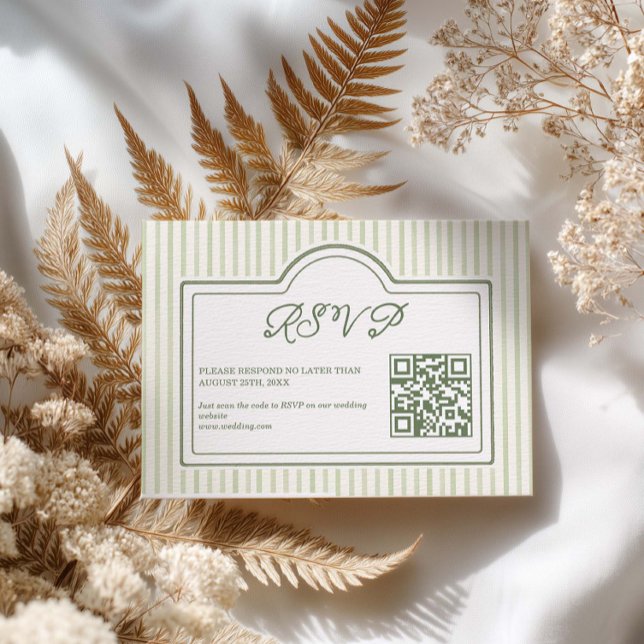 Green Wedding Striped QR code RSVP Card (Creator Uploaded)