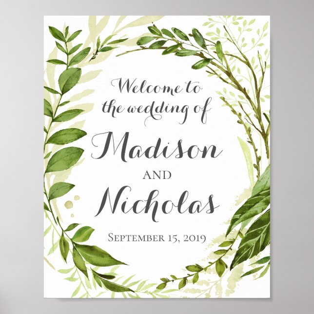 Green Wedding Welcome Sign Poster, Rustic Greenery (Front)