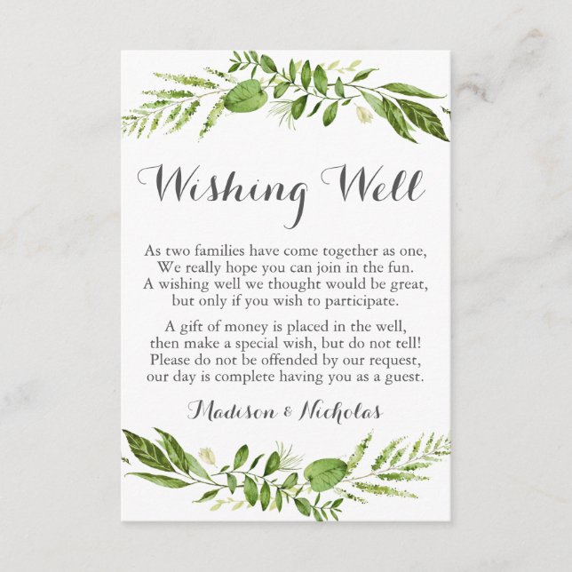 Green Wedding Wishing Well Cards, Rustic Greenery Enclosure Card (Front)