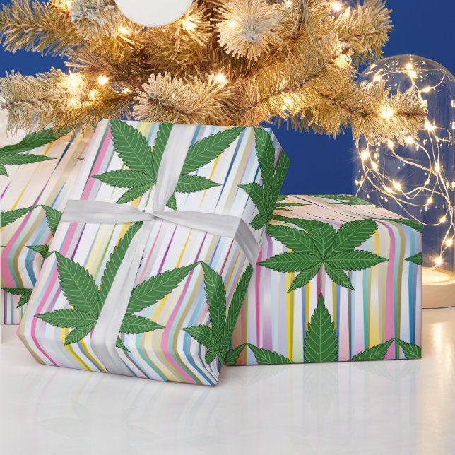 Green Weed Leaves on Colourful Prismatic Stripes Wrapping Paper (Holidays)