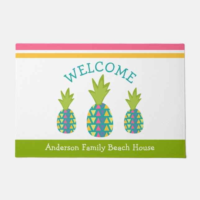 Green Welcome 3 Tropical Pineapples Beach House Doormat (Front)