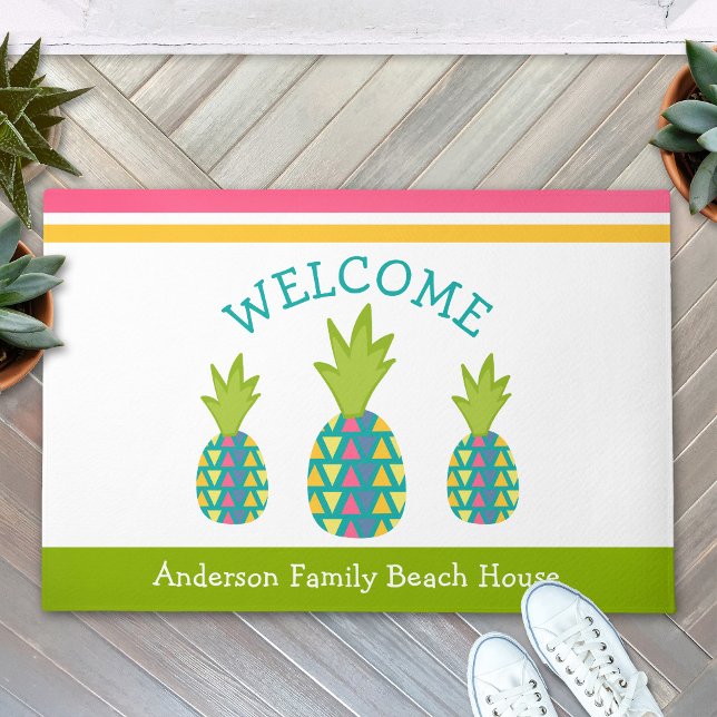Green Welcome 3 Tropical Pineapples Beach House Doormat (Creator Uploaded)