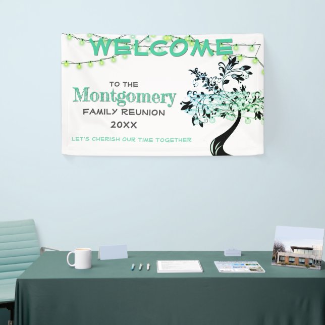 Green Welcome Family Reunion Tree Firefly Lights Banner (Tradeshow)