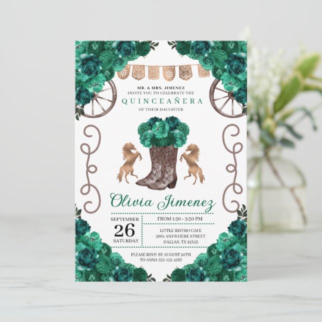 Green Western Charra Floral Boots Quinceañera Invitation (Standing Front)