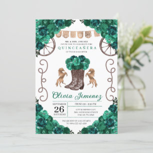 Green Western Charra Floral Boots Quinceañera Invitation
