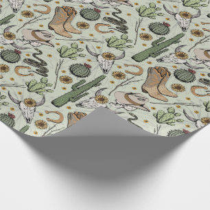 Green Western Laughing Cowboy Skull & Cactus Wrapping Paper