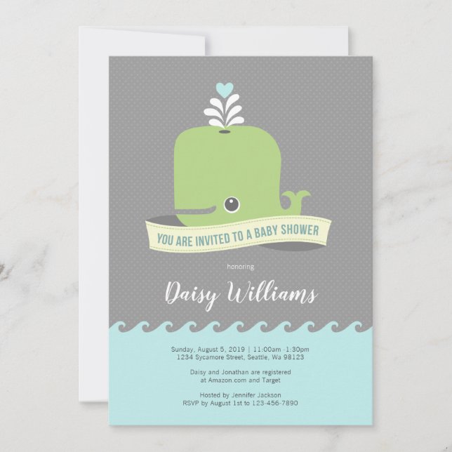 Green Whale Baby Shower Invitation (Front)