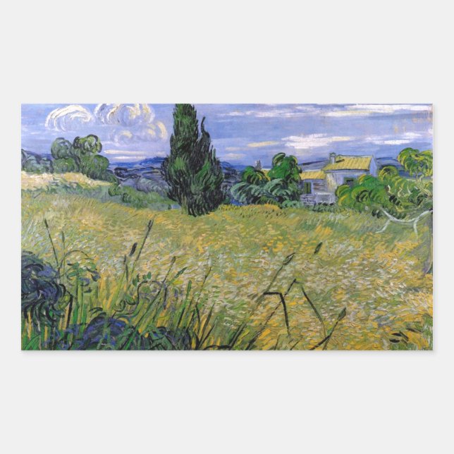 Green Wheat Field with Cypress by Van Gogh. Rectangular Sticker (Front)