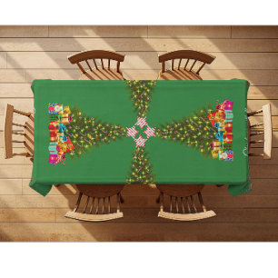 Green Whimsical Christmas Tree Quirky Reindeers Tablecloth