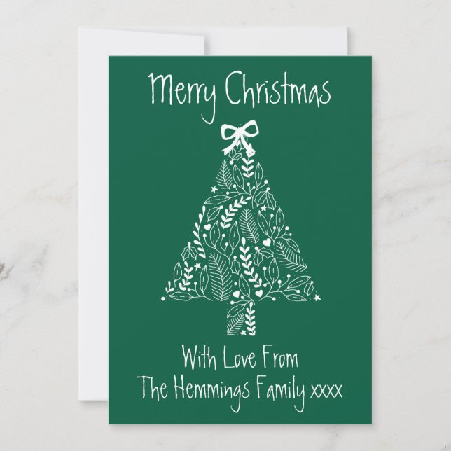* Green Whimsical Doodle Christmas Tree Flat Card (Front)