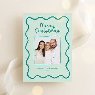  Green Whimsical Doodle Wavy Frame Christmas Photo Holiday Card