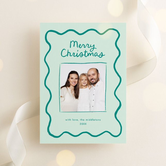  Green Whimsical Doodle Wavy Frame Christmas Photo Holiday Card (whimsical, quirky Christmas photo card with hand drawn doodle frame in green)