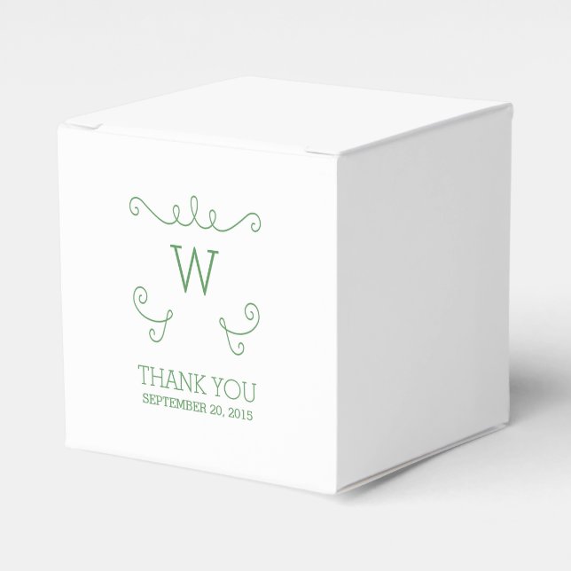 Green Whimsical Flourish Monogram Favour Boxes (Front Side)