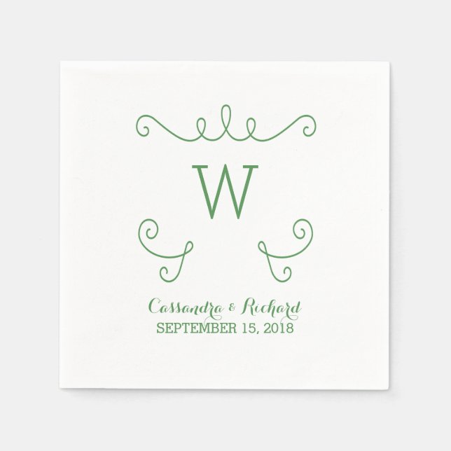 Green Whimsical Flourish Monogram Paper Napkins (Front)