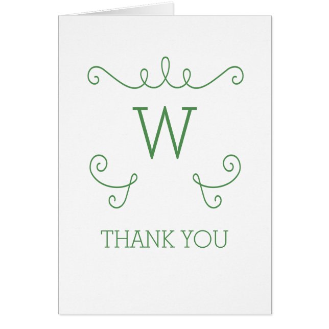 Green Whimsical Flourish Monogram Thank You Card (Front)