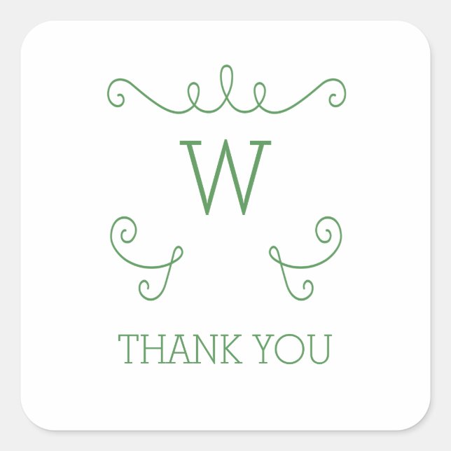 Green Whimsical Flourish Monogram Thank You Square Sticker (Front)