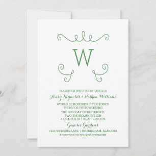 Green Whimsical Flourish Monogram Wedding Invite