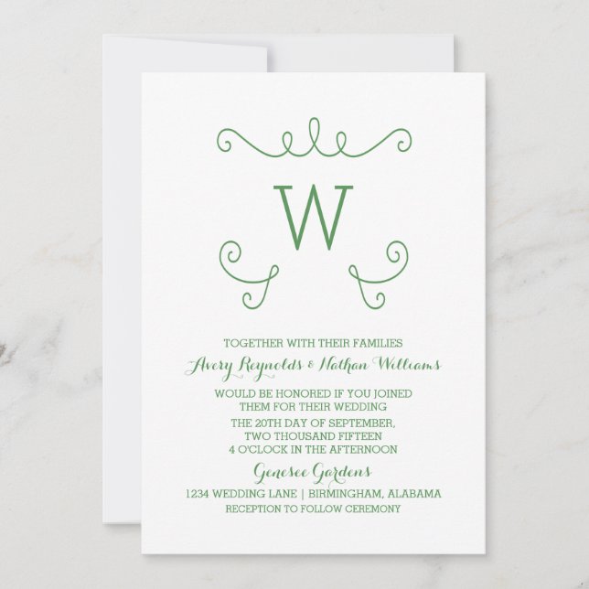 Green Whimsical Flourish Monogram Wedding Invite (Front)