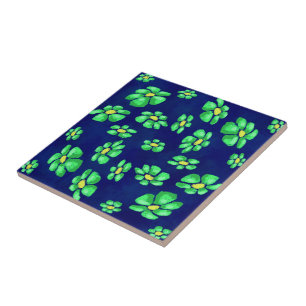 Green Whimsical Flowers Daisies on Blue Background Ceramic Tile