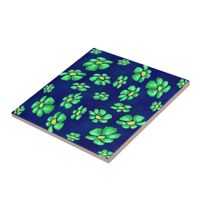 Green Whimsical Flowers Daisies on Blue Background Ceramic Tile (Side)