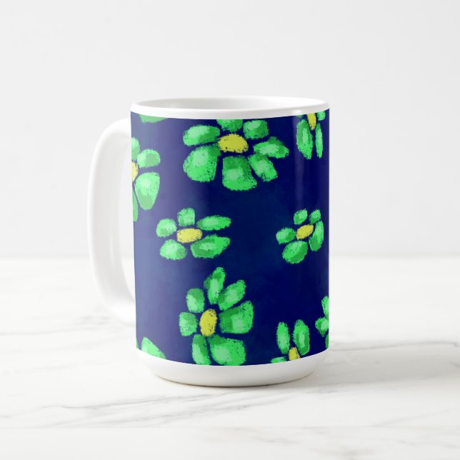Green Whimsical Flowers Daisies on Blue Background Coffee Mug (Front Left)