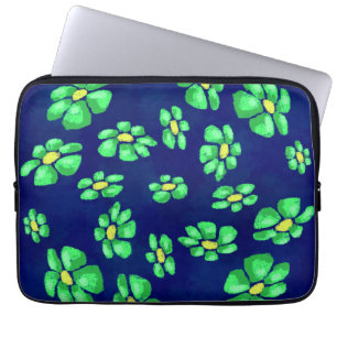 Green Whimsical Flowers Daisies on Blue Background Laptop Sleeve