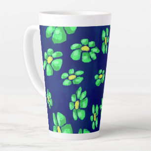 Green Whimsical Flowers Daisies on Blue Background Latte Mug