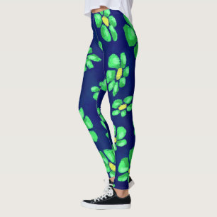 Green Whimsical Flowers Daisies on Blue Background Leggings