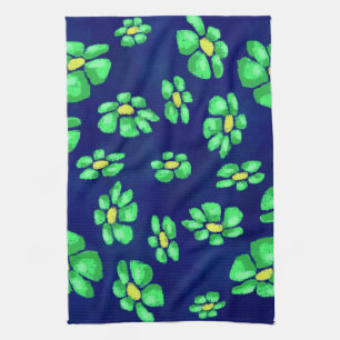 Green Whimsical Flowers Daisies on Blue Background Tea Towel