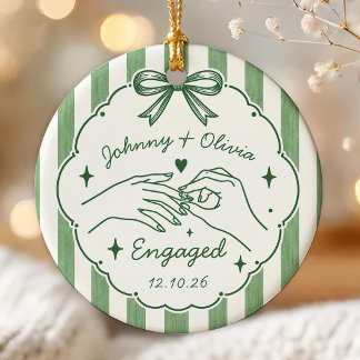 Green Whimsical Hand Drawn Engagement Ceramic Ornament
