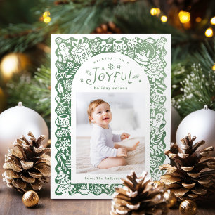 Green Whimsical Hand Drawn Joyful Holiday Photo Card