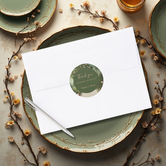 green Whimsical Mediaeval Forest Wedding thank you Classic Round Sticker (Creator Uploaded)